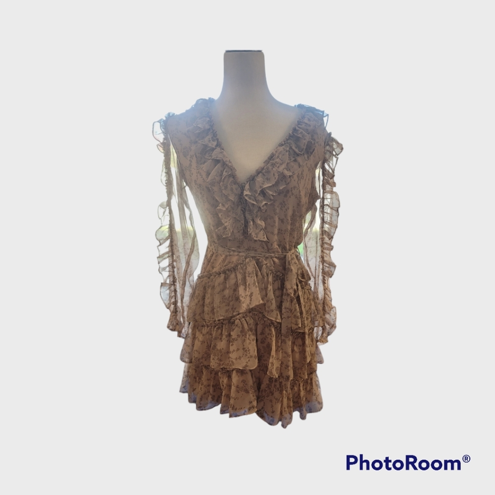 Bardot Layered Lined Sand Colored Dress with Brown flowers, leaves. S, 6